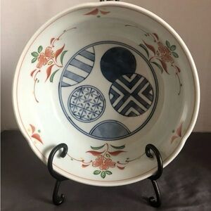 Arita China Bowl Floral & Round Geometric Design-Blue Robin Egg Base